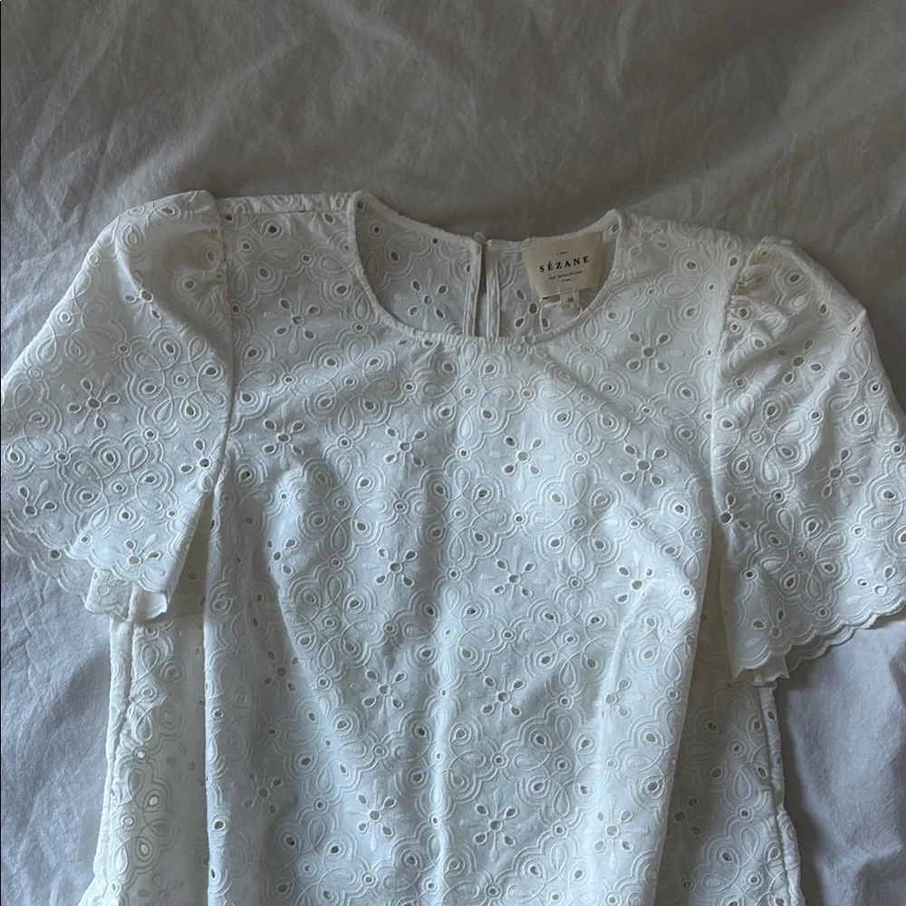 Sezane Annabelle Blouse | White Ruffled Scalloped Blouse Eyelet - Picture 5 of 10